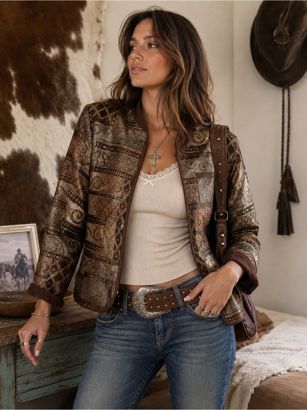 DressBarn Tapestry Jacket Women’s Large Brown Bronze Metallic Scroll Print